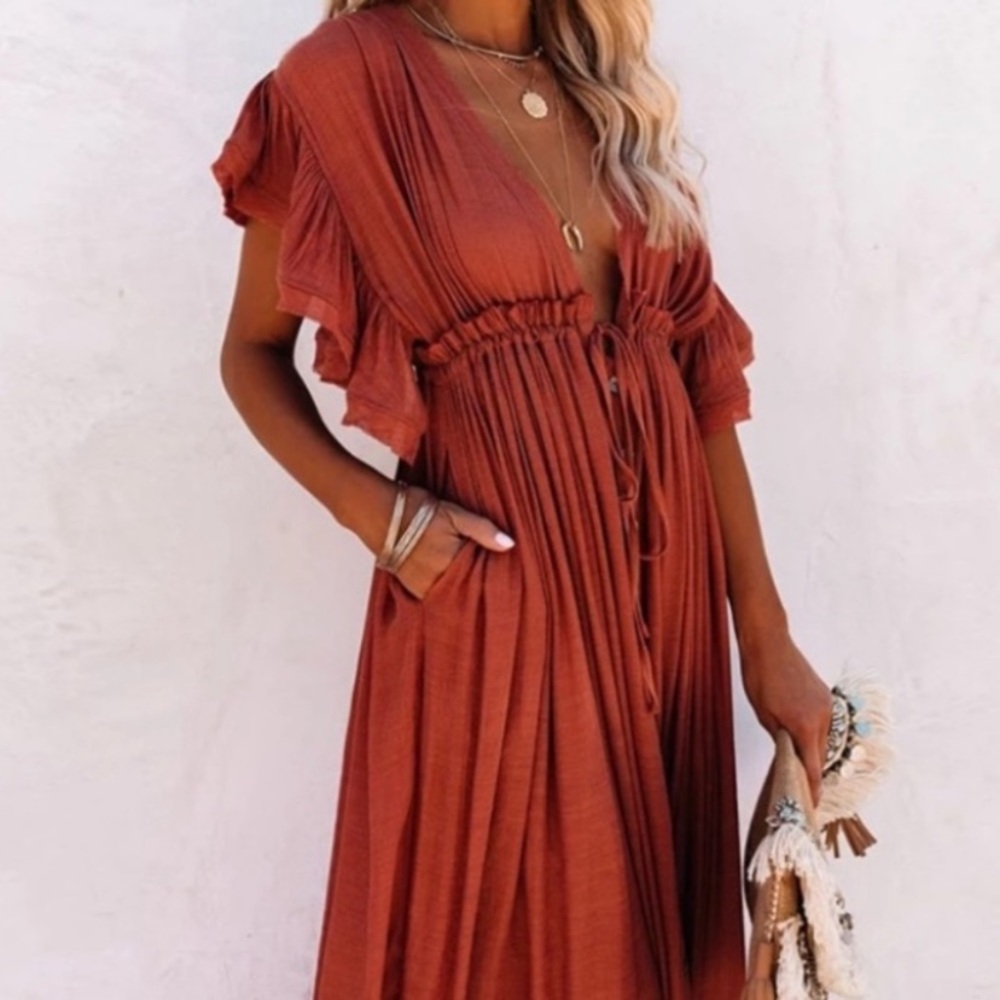 SOLD OUT Red Gauze Boho Button Maxi Coverup Dress - Picture 2 of 10
